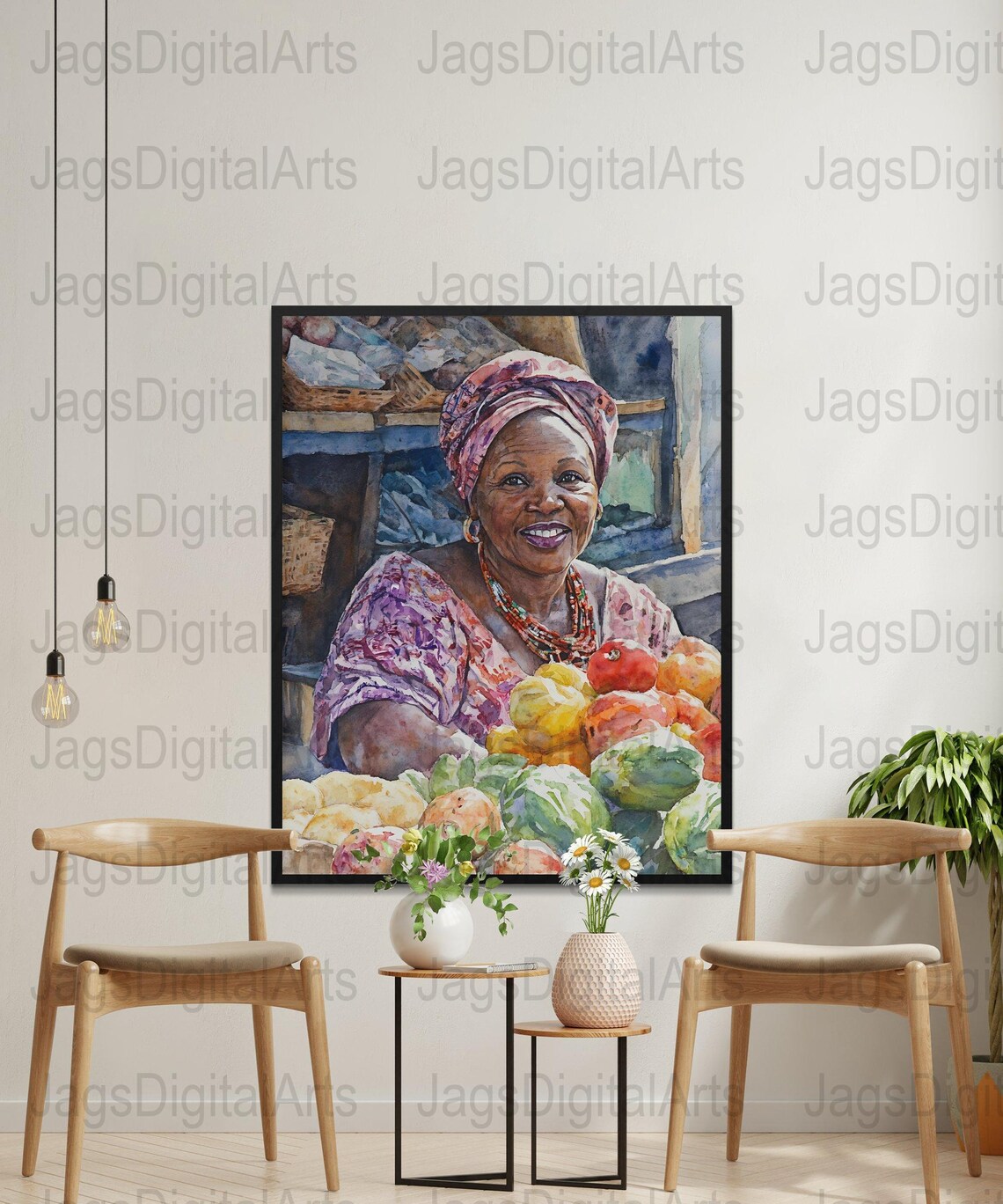 African Market Vendor Watercolor Smiling Woman Produce Baskets Poster - Image 3
