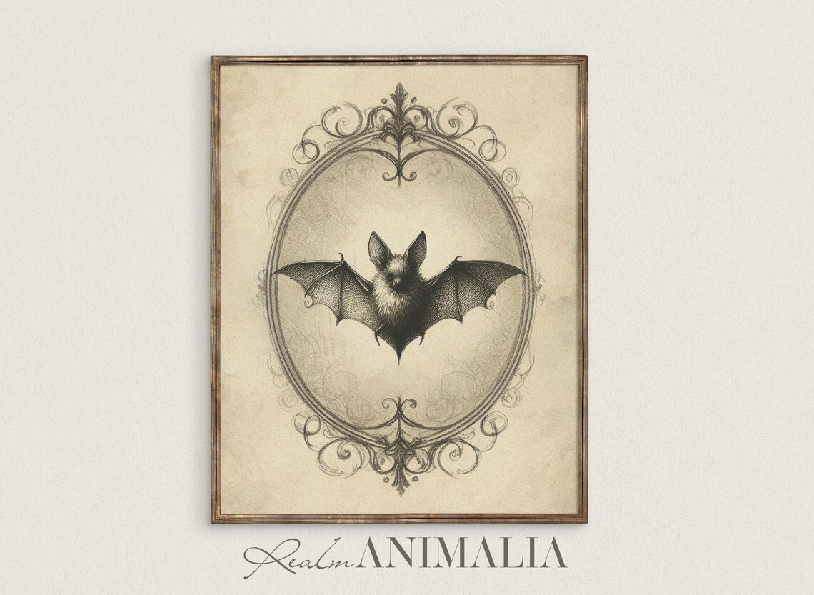 Bat Sketch Vintage Victorian Drawing Ornate Oval Frame Sepia Halloween Print