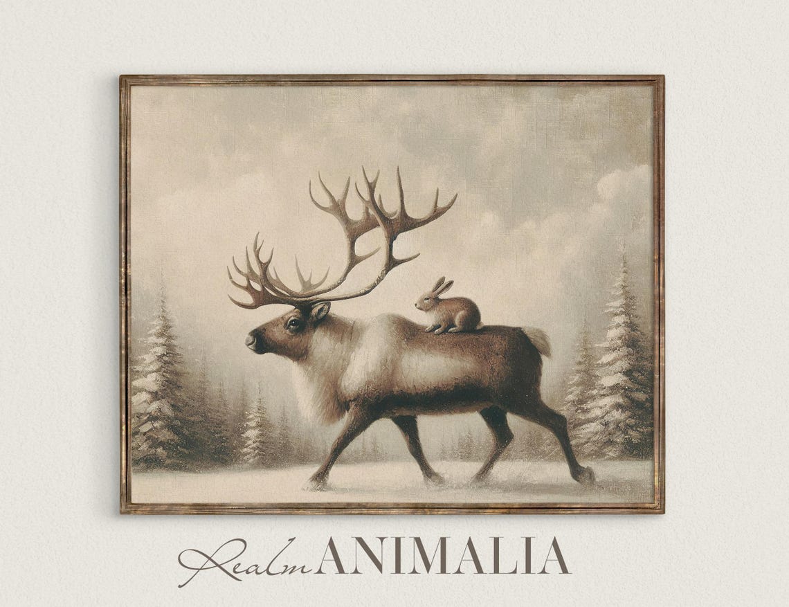 Winter Reindeer With Bunny On Back Snowy Forest Neutral Art Poster