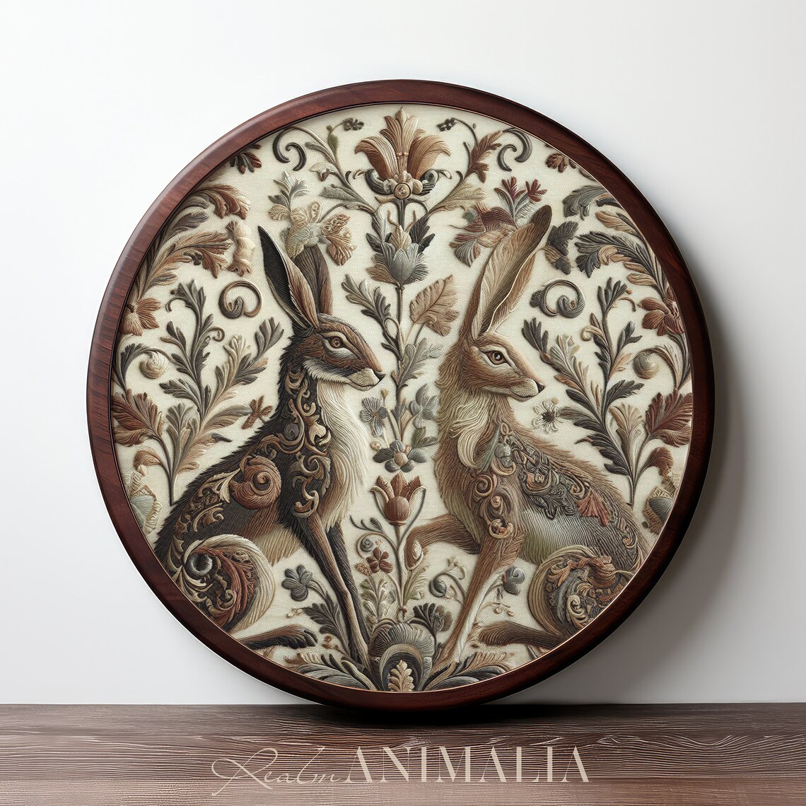 Two Hares In Floral Embroidery Tapestry Neutral Vintage Textile Art Print - Image 4