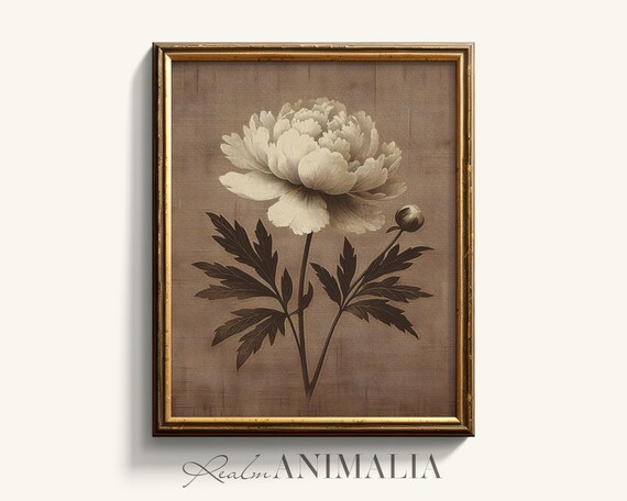 Peony Flower Tapestry Art Print Textile Wall Art Neutral Floral Botanical Wall Decor Moody Brown Beige Muted Art Prints Bl102