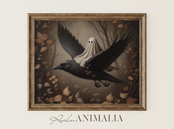 Little Ghost Riding On Crow, Cute Halloween Art Print
