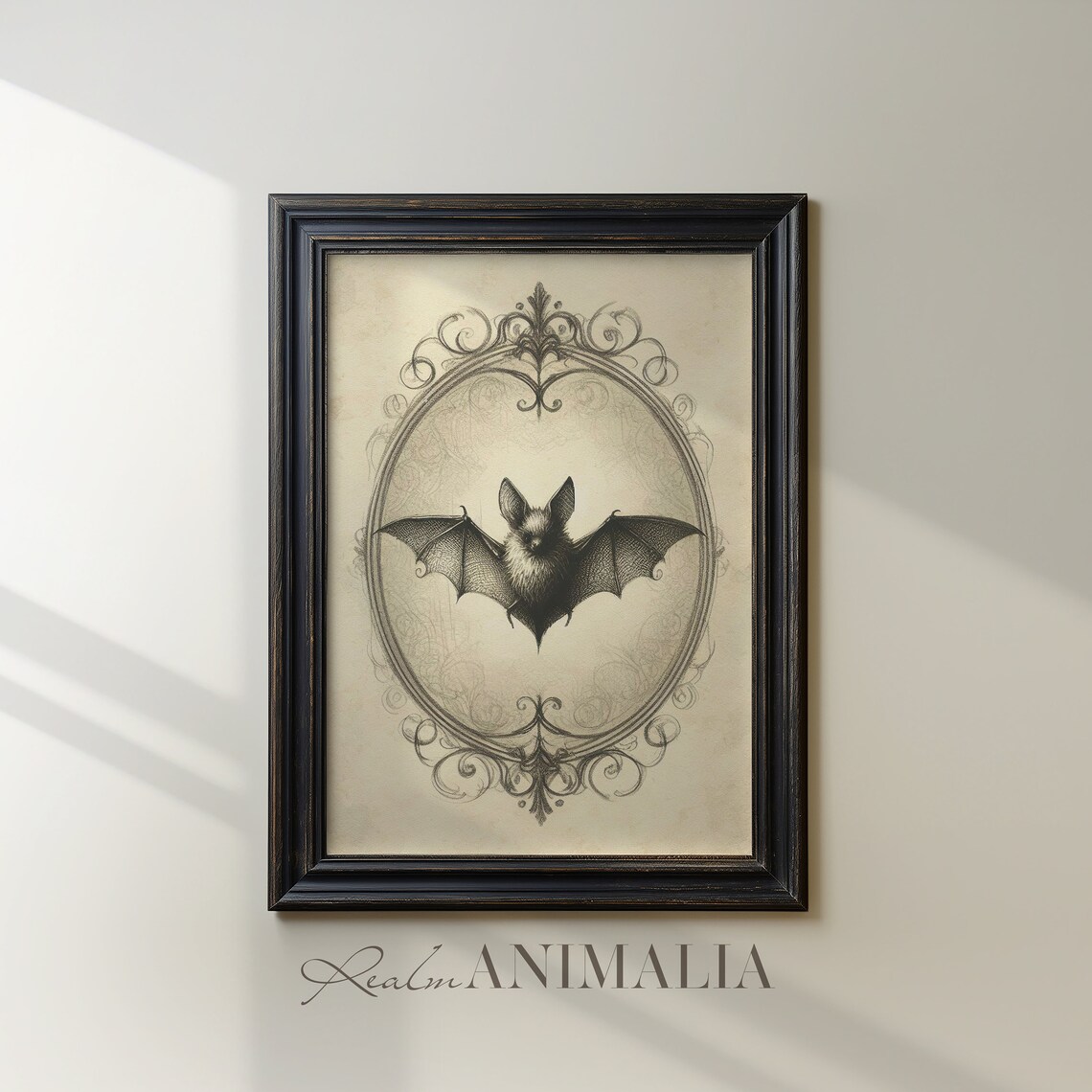 Bat Sketch Vintage Victorian Drawing Ornate Oval Frame Sepia Halloween Print - Image 4