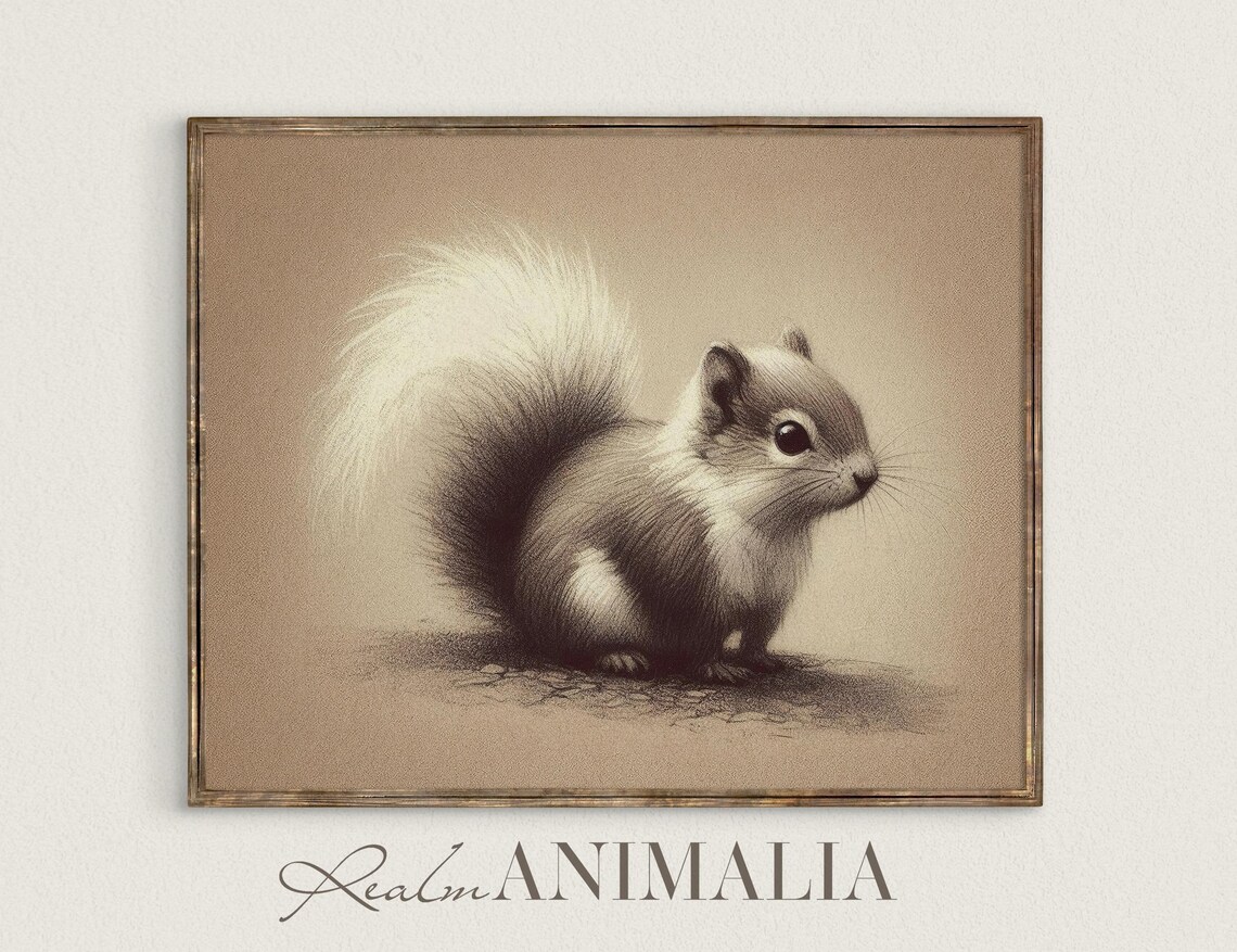 Baby Squirrel Charcoal Sketch On Neutral Beige Vintage Animal Poster