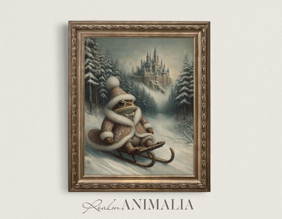 Winter Sledding Toad Vintage Storybook Art Print