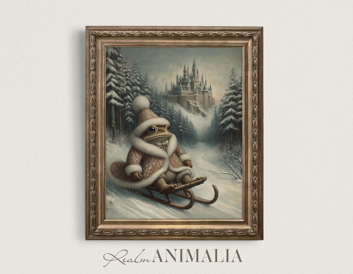 Winter Sledding Toad Vintage Storybook Art Print