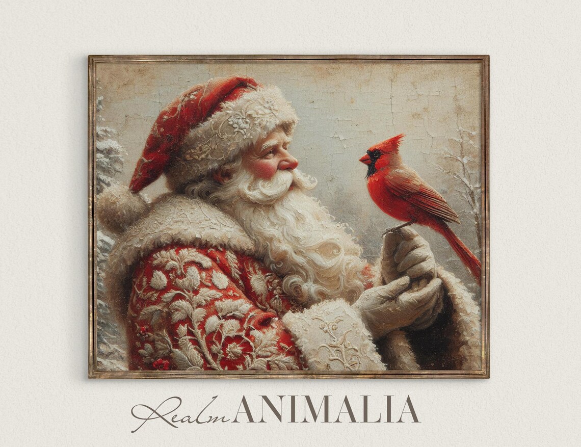 Santa and Cardinal Bird Vintage Christmas Art Print