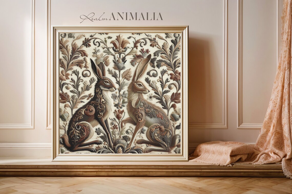Two Hares In Floral Embroidery Tapestry Neutral Vintage Textile Art Print - Image 3