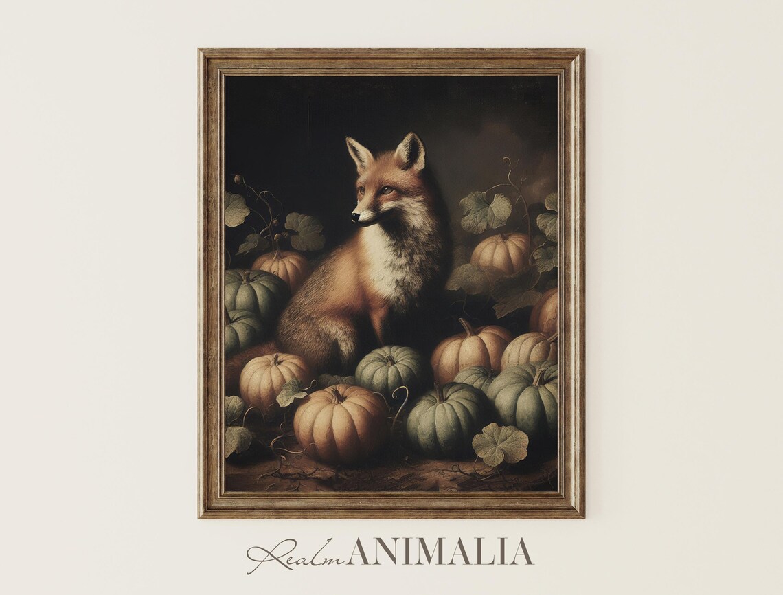 Fox In Pumpkin Patch Vintage Halloween Art Print
