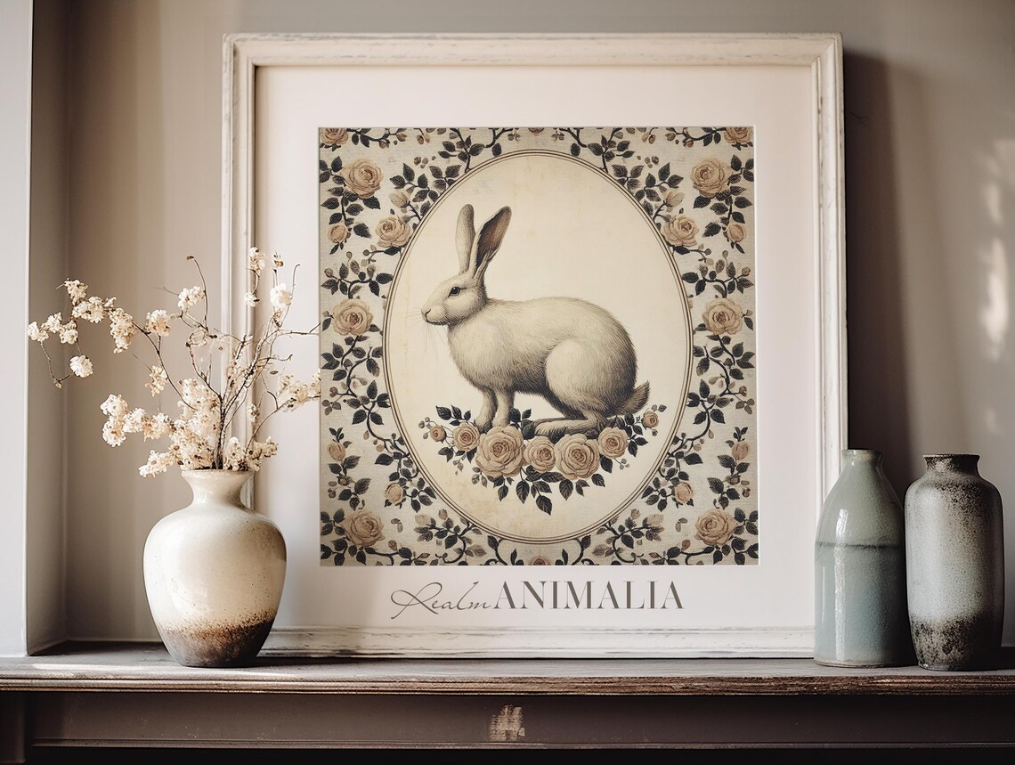 White Rabbit In Oval Medallion Light Rose Floral Tapestry Vintage Poster - Image 3