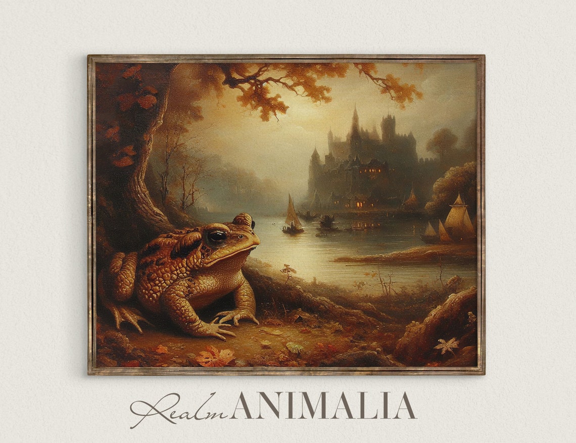 Giant Toad By Misty Lake With Castle Autumn Landscape Fairytale Print