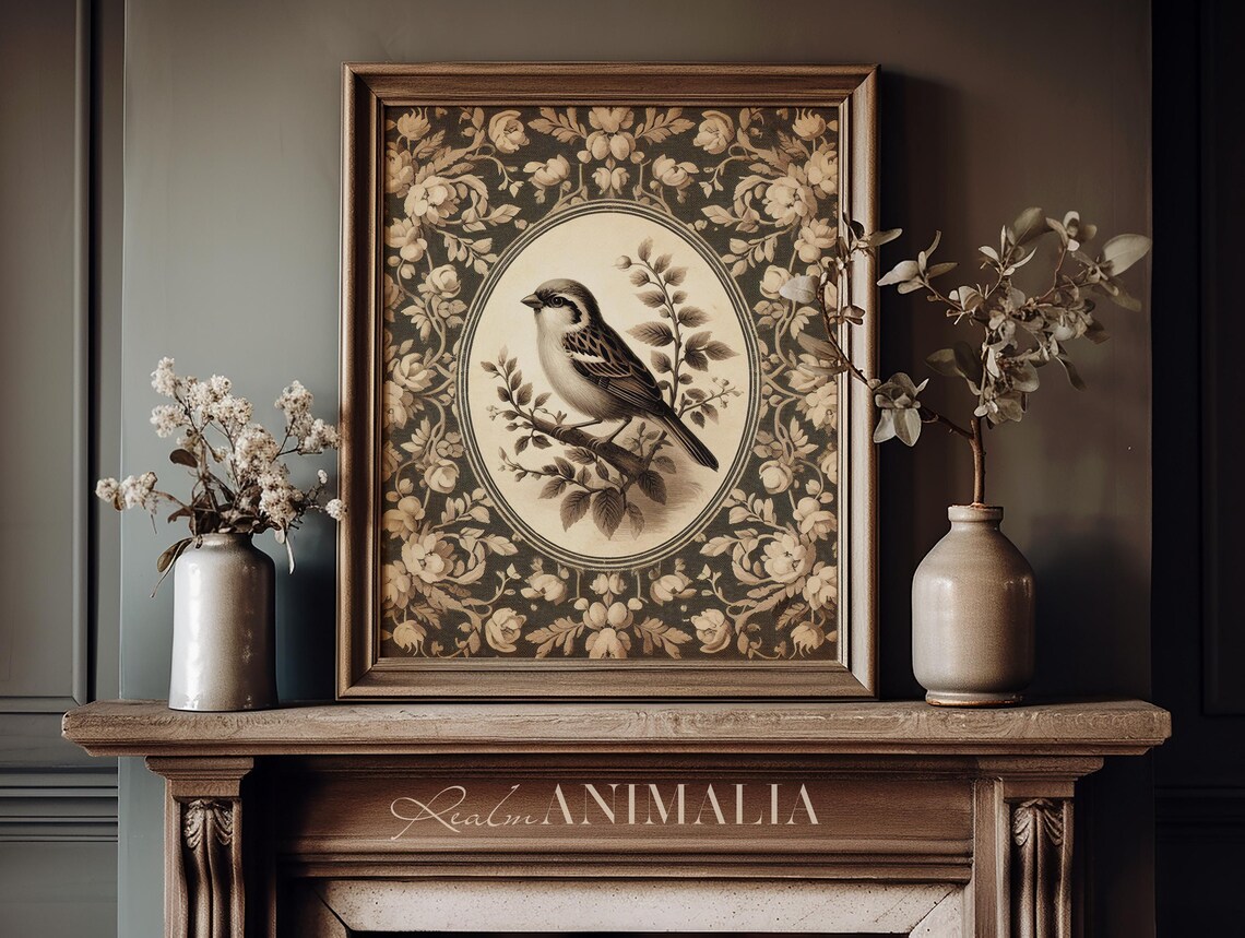 Vintage Sparrow Bird Art Print, Neutral Floral Cottage - Image 3