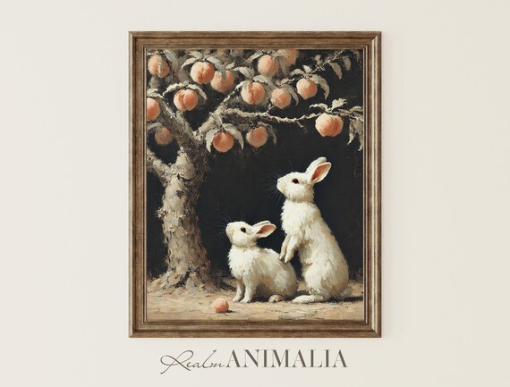 Two White Bunnies Under Peach Tree Dark Moody Vintage Painting Poster