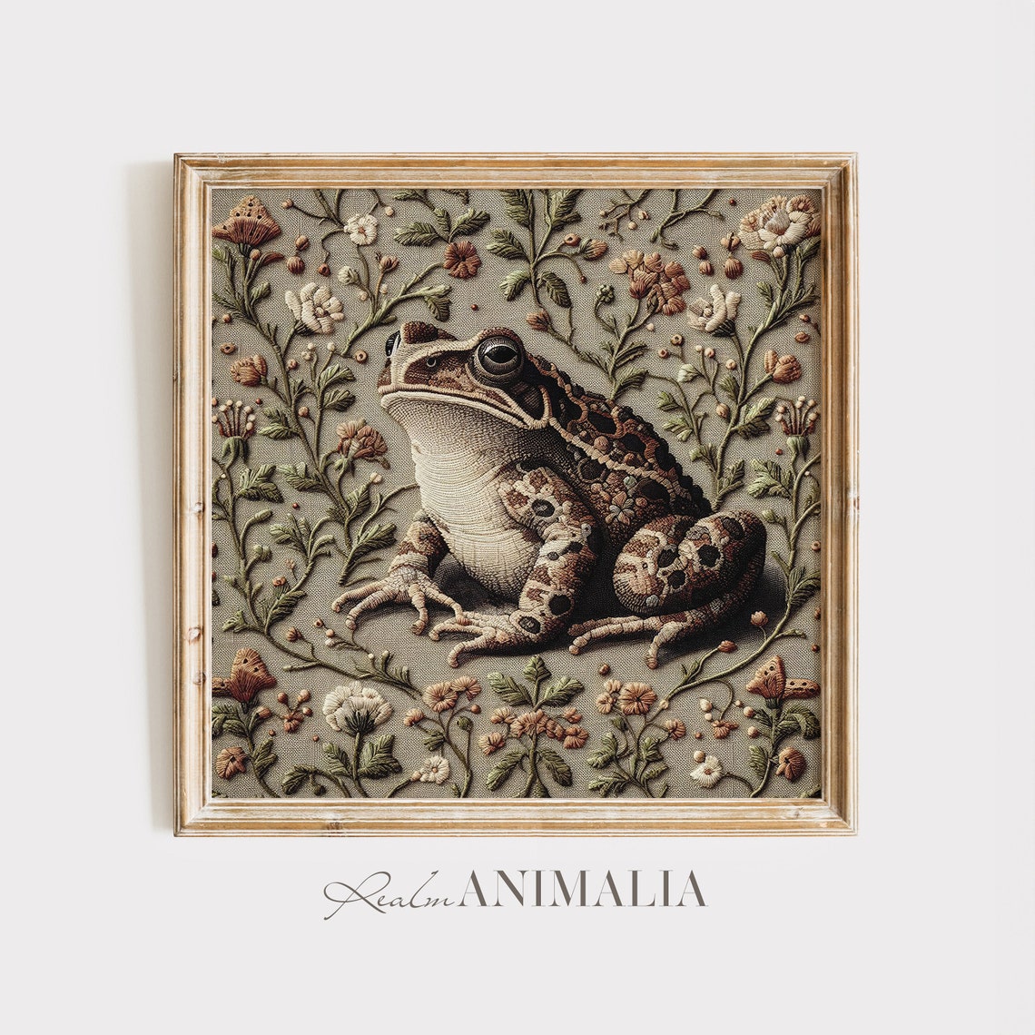 Toad Botanical Embroidery Style Square Floral Textile Neutral Poster - Image 3