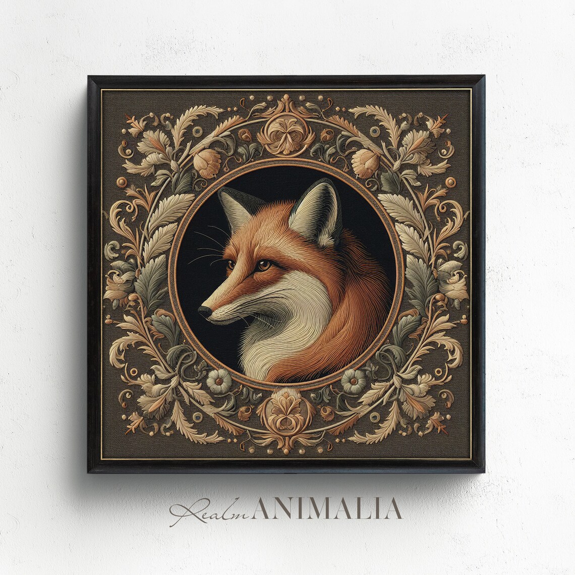Fox Portrait Vintage Embroidery Style Ornate Botanical Circle Poster - Image 2