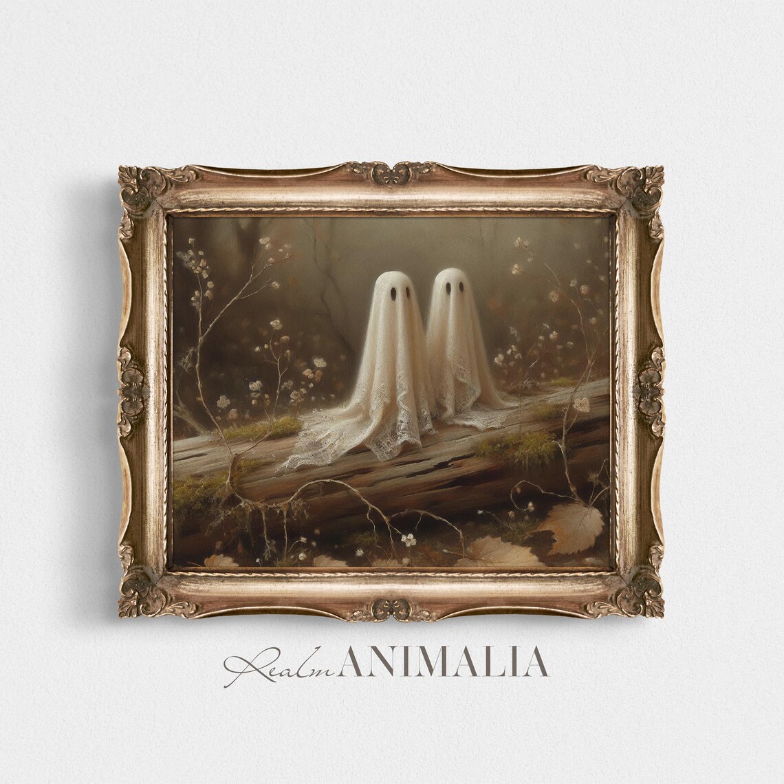 Two Cute Ghosts On Fallen Log Misty Forest Vintage Halloween Wall Poster - Image 4