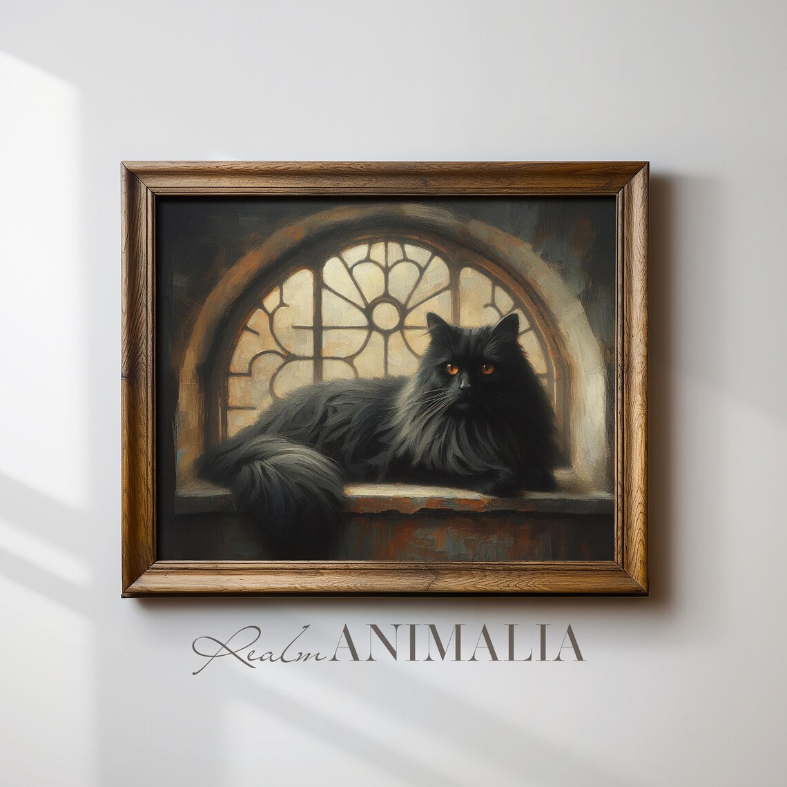 Black Long Haired Cat With Amber Eyes In Arched Window Moody Art Poster - Image 2