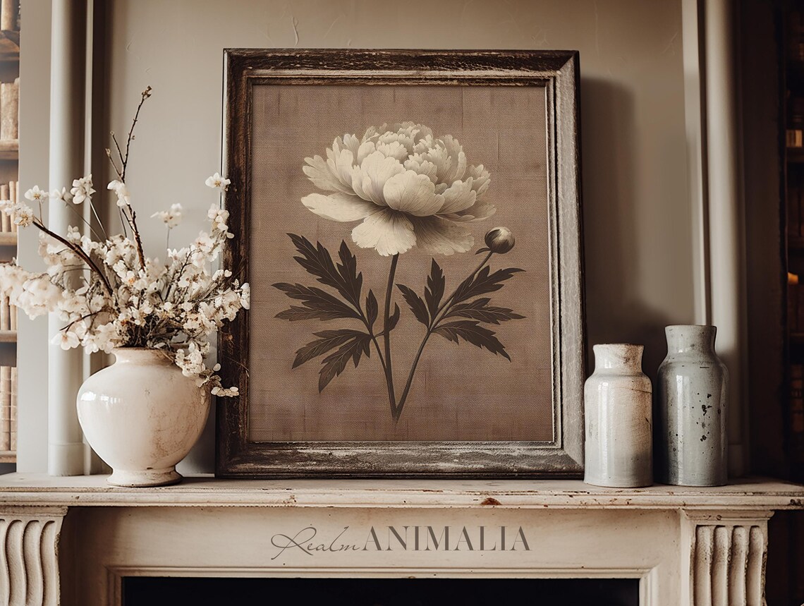 White Peony Flower On Brown Textile Vintage Botanical Poster - Image 3