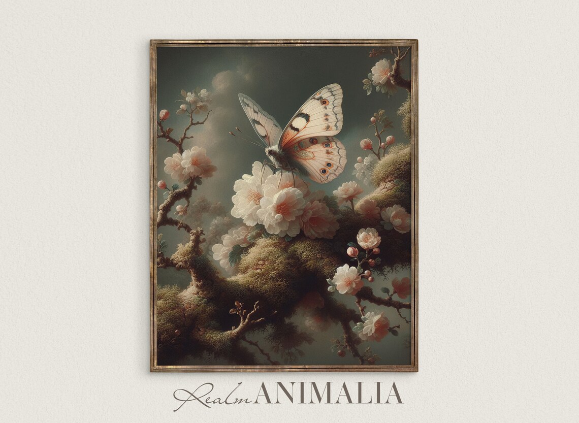 Vintage Floral Butterfly Print, Botanical Wall Art