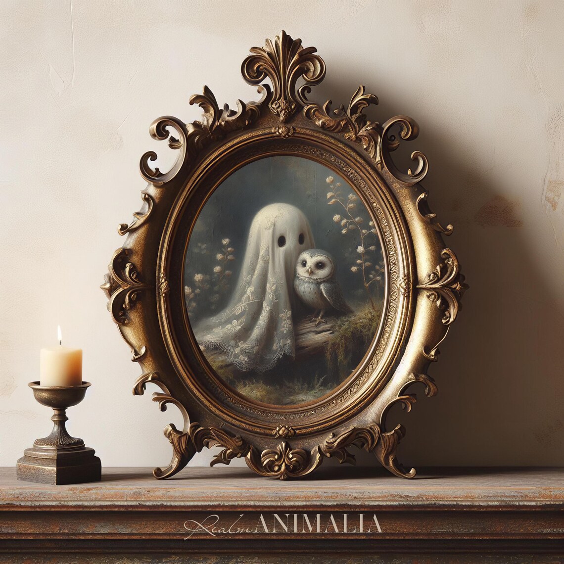 Cute Little Ghost With Little Owl, Vintage Fall Art Print - Image 3