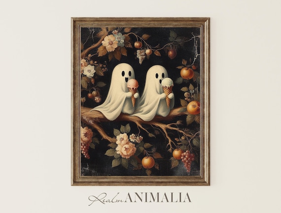 Two Cute Ghosts Eating Ice Cream On Fruit Branch Dark Botanical Poster