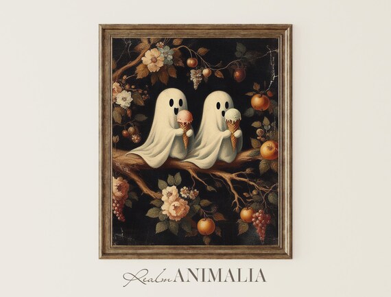 Vintage Ghosts Eating Ice Cream Art Print Antique Halloween Wall Art Vintage Ghost Prints Moody Botanical Fall Painting Gh127