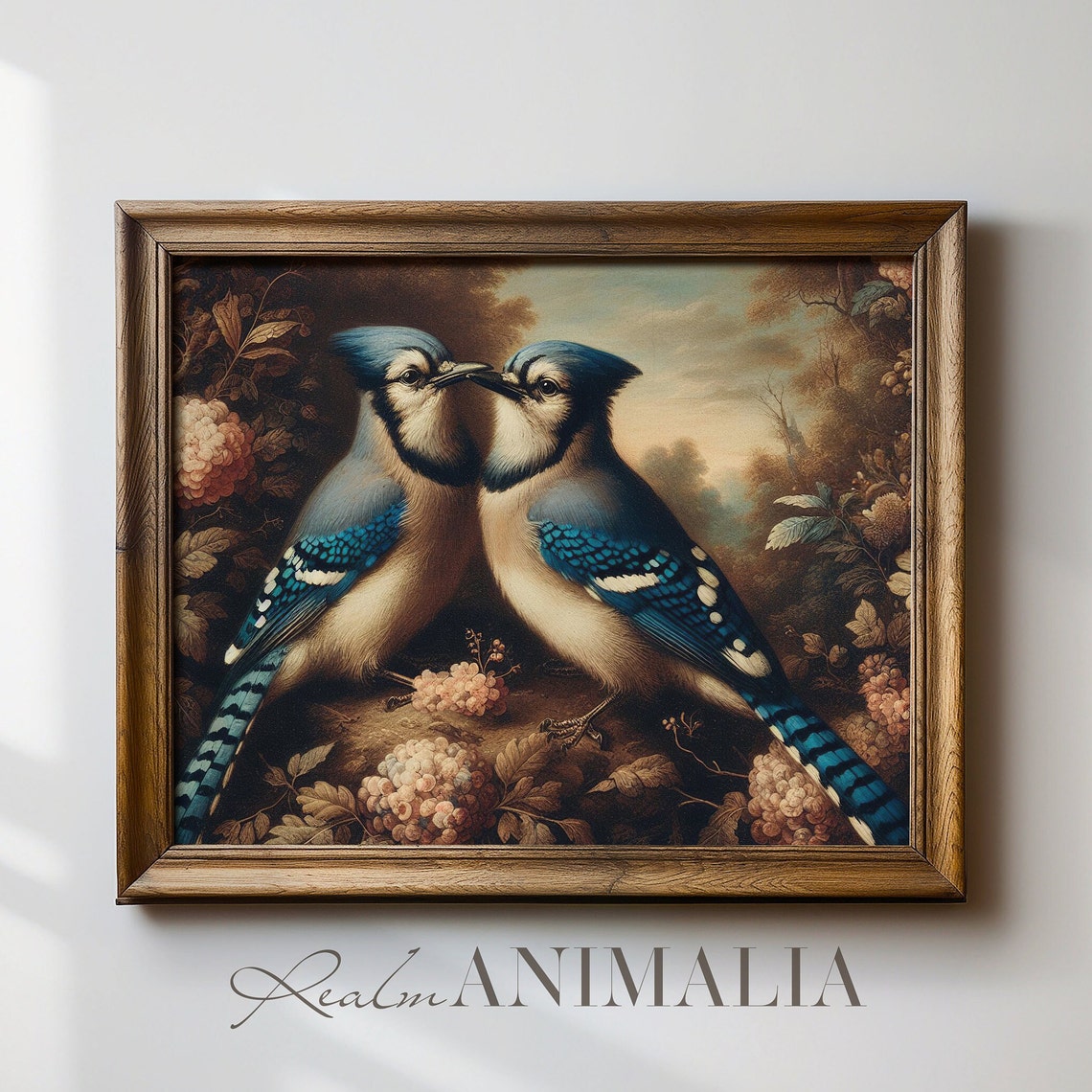Vintage Pair Of Blue Jays Facing Each Other Among Blossoms Bird Poster - Image 2