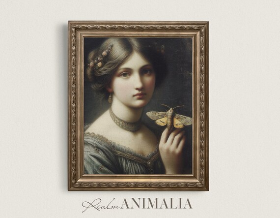 Vintage Victorian Woman Portrait Holding Moth Dark Academia Gothic Art Poster