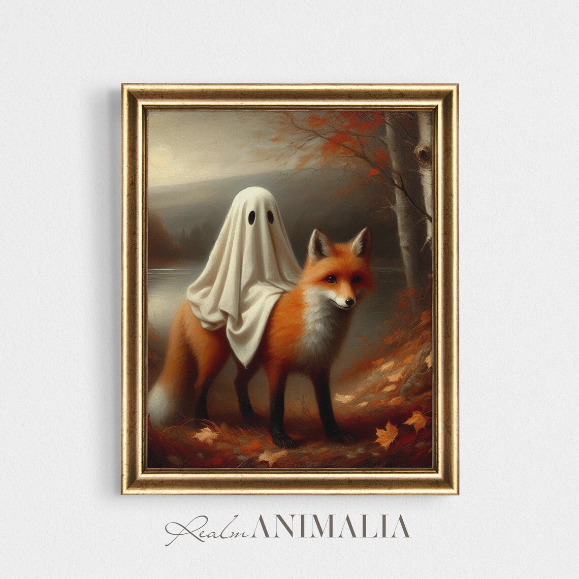 Little Ghost Riding Fox By Lake At Dusk Autumn Birch Halloween Art Poster - Image 4