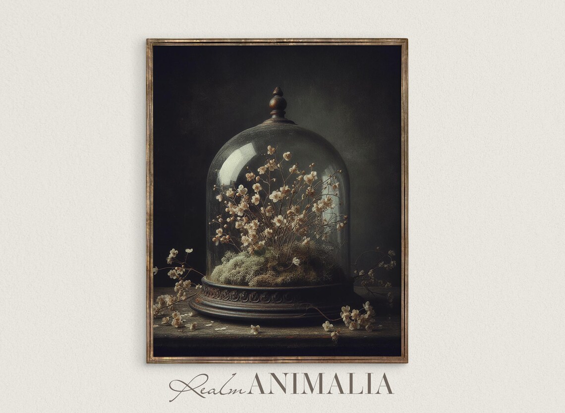 Flowers in Cloche, Moody Victorian Botanical Art Print