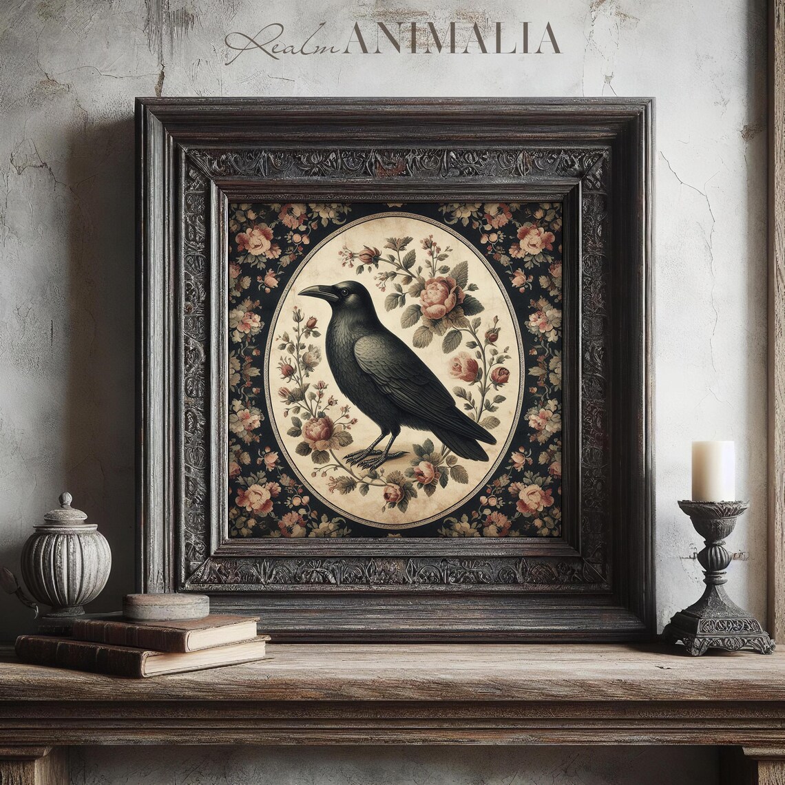 Black Crow In Floral Oval Medallion Dark Vintage Botanical Bird Poster - Image 3