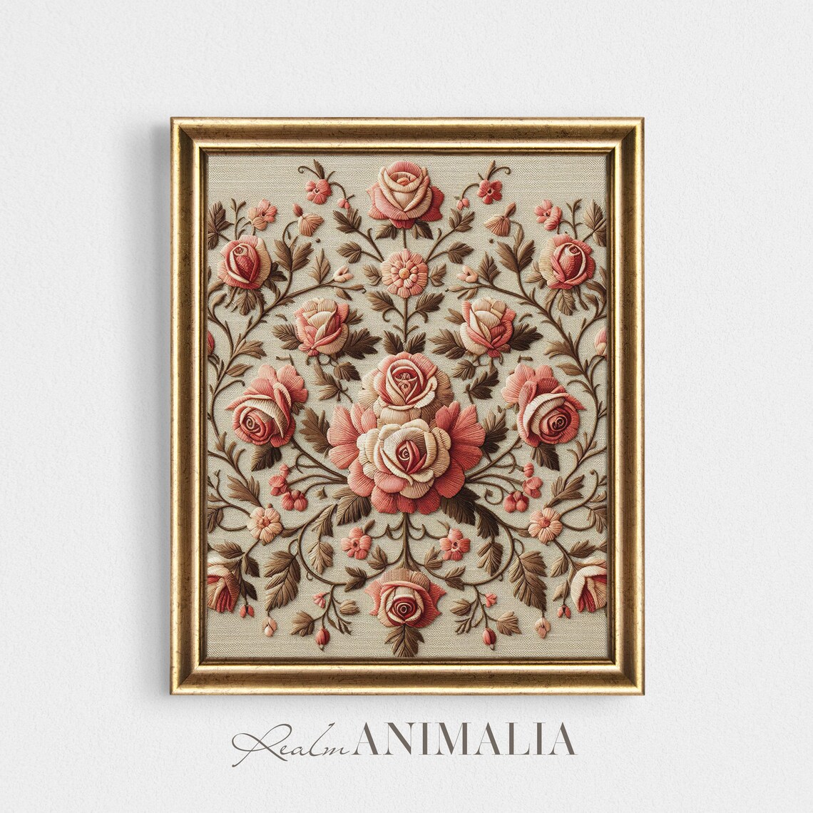 Vintage Roses Textile Embroidery Pink Floral Tapestry Botanical Poster - Image 2