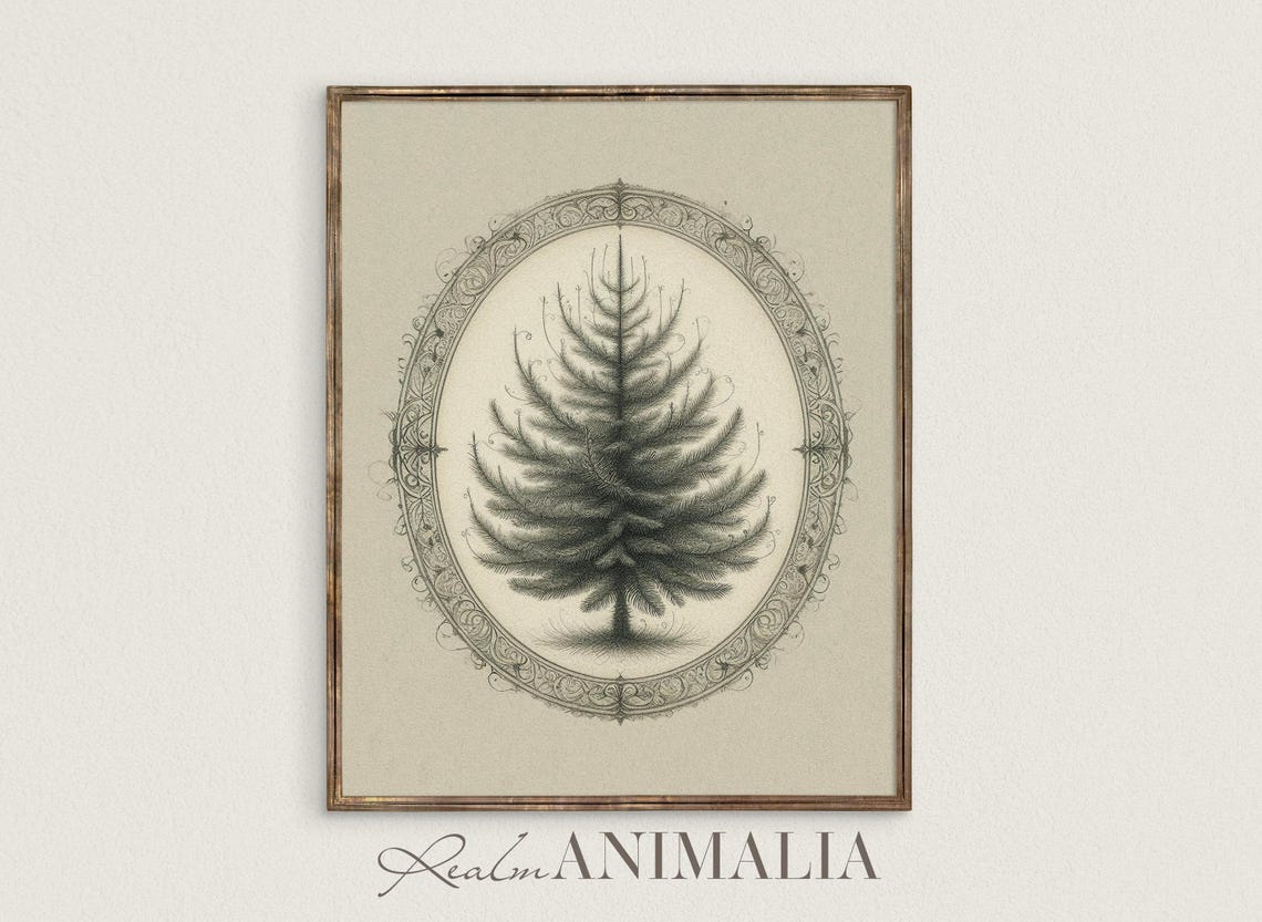 Minimalist Pine Tree Sketch In Ornate Oval Vintage Christmas Poster
