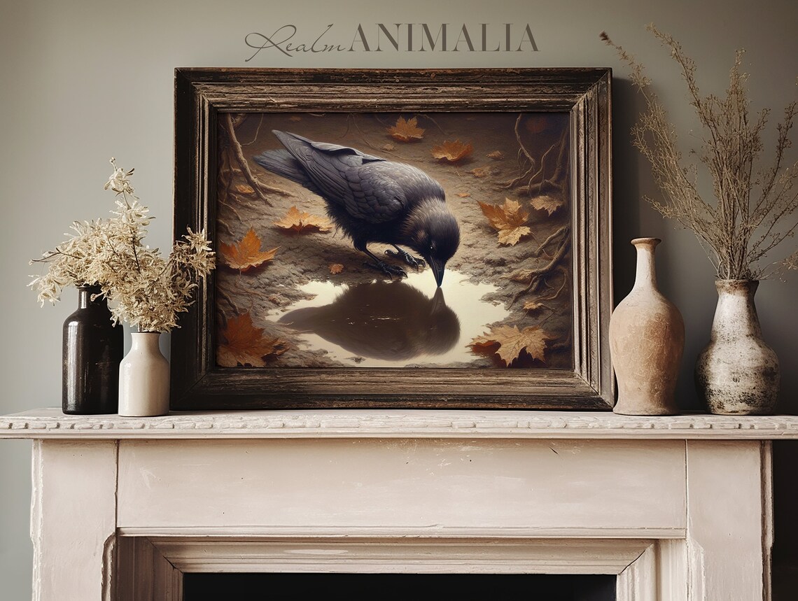 Autumn Crow Vintage Oil Painting Drinking Puddle Fallen Leaves Moody Poster - Image 3