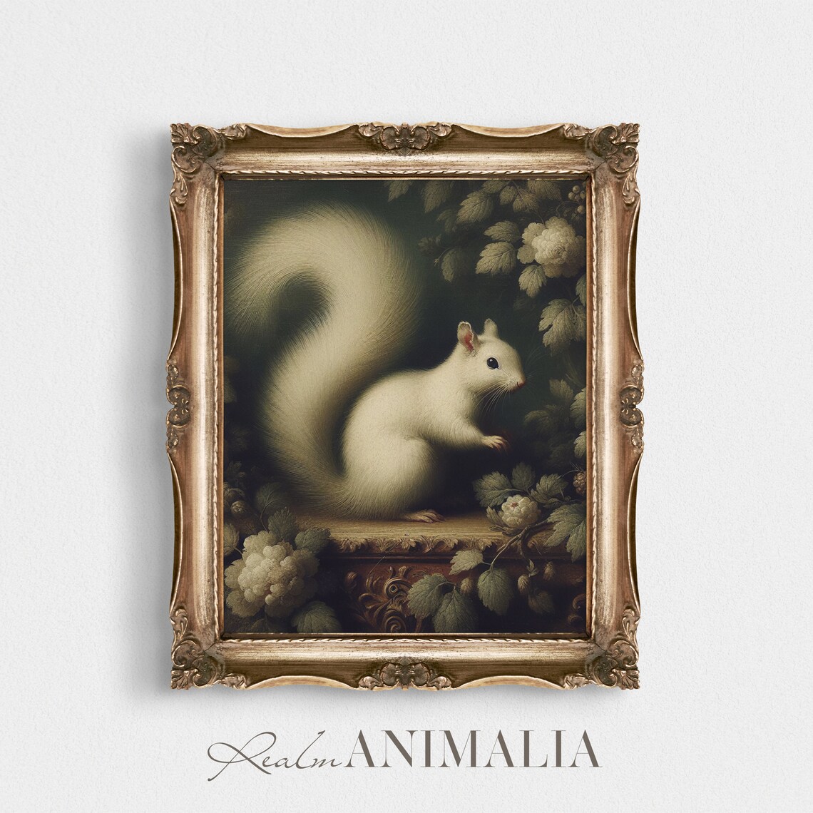 Vintage White Squirrel Among Leaves Dark Woodland Botanical Animal Art Poster - Image 3