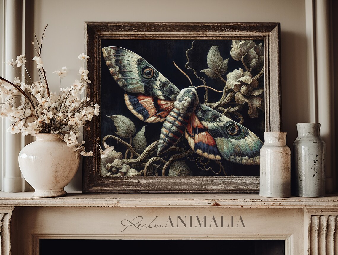 Vintage Moth Oil Painting Dark Botanical Eyed Wings Gothic Insect Poster - Image 3