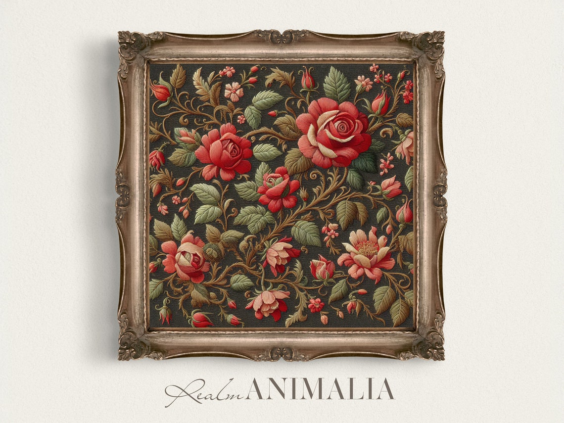 Victorian Red Roses Floral Embroidery Botanical Dark Textile Art Print
