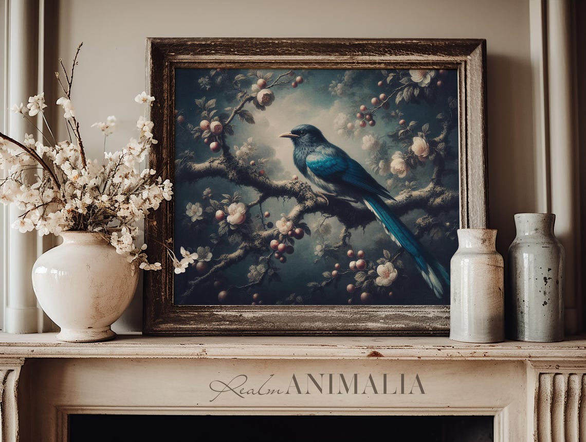 Blue Magpie On Blossoming Branch With Berries Moody Bird Poster - Image 3