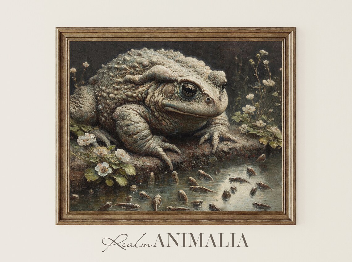 Vintage Toad With Tadpoles Nature Scenery Art Print