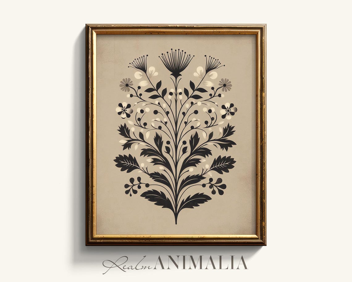 Scandinavian Folk Botanical Spray Black And White Floral Wall Art