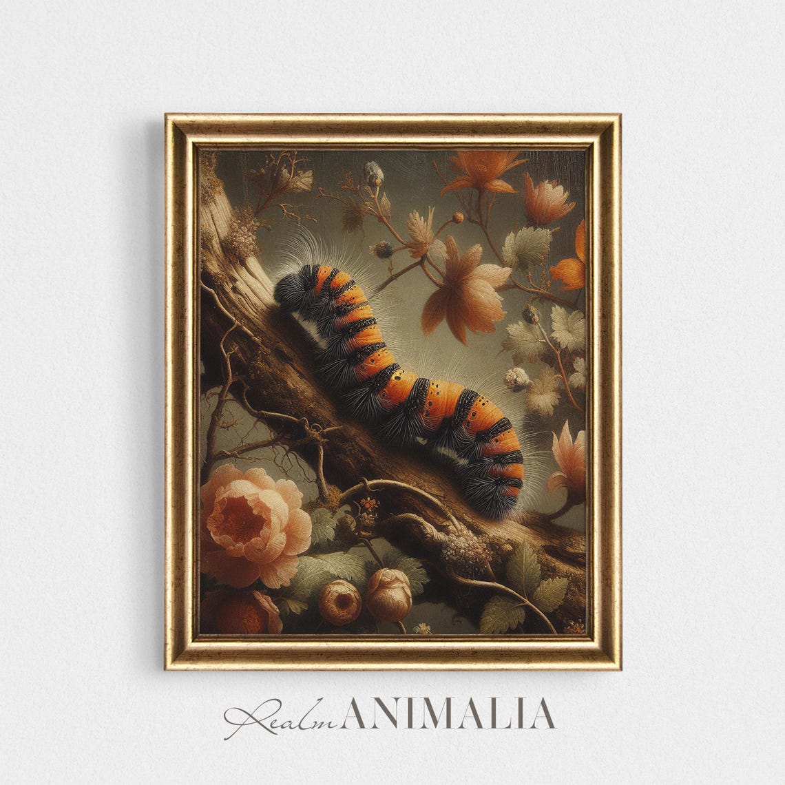 Orange Striped Caterpillar On Blooming Branch Moody Floral Art Print - Image 4