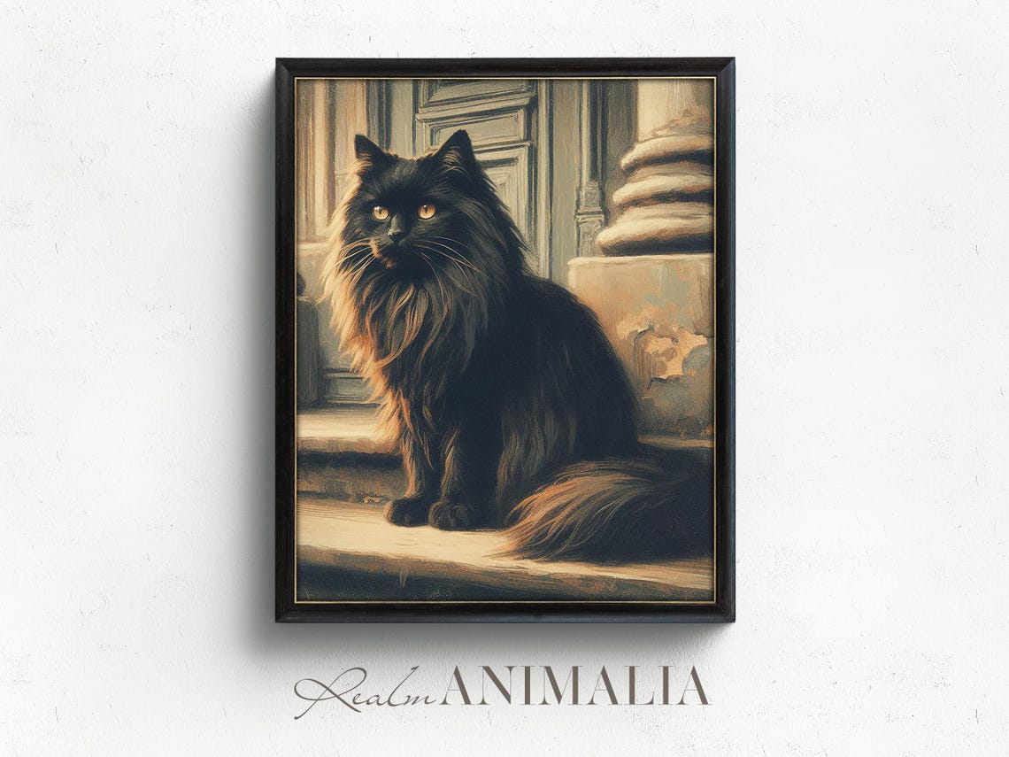 Long Haired Black Cat On Stone Steps Golden Eyes Portrait Art Print - Image 4