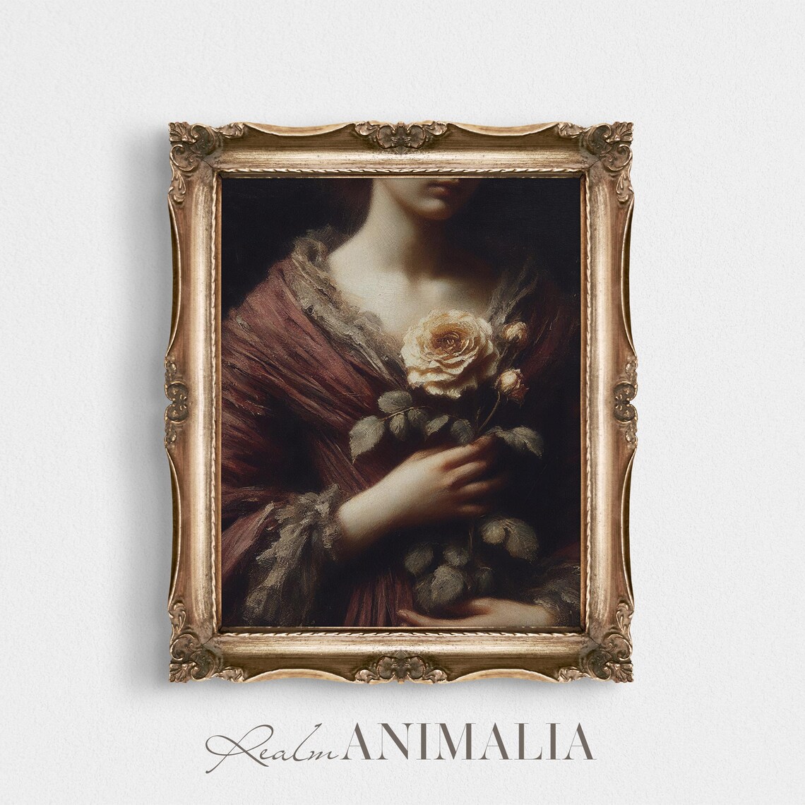 Victorian Woman Holding Cream Rose Moody Dark Floral Portrait Poster - Image 4