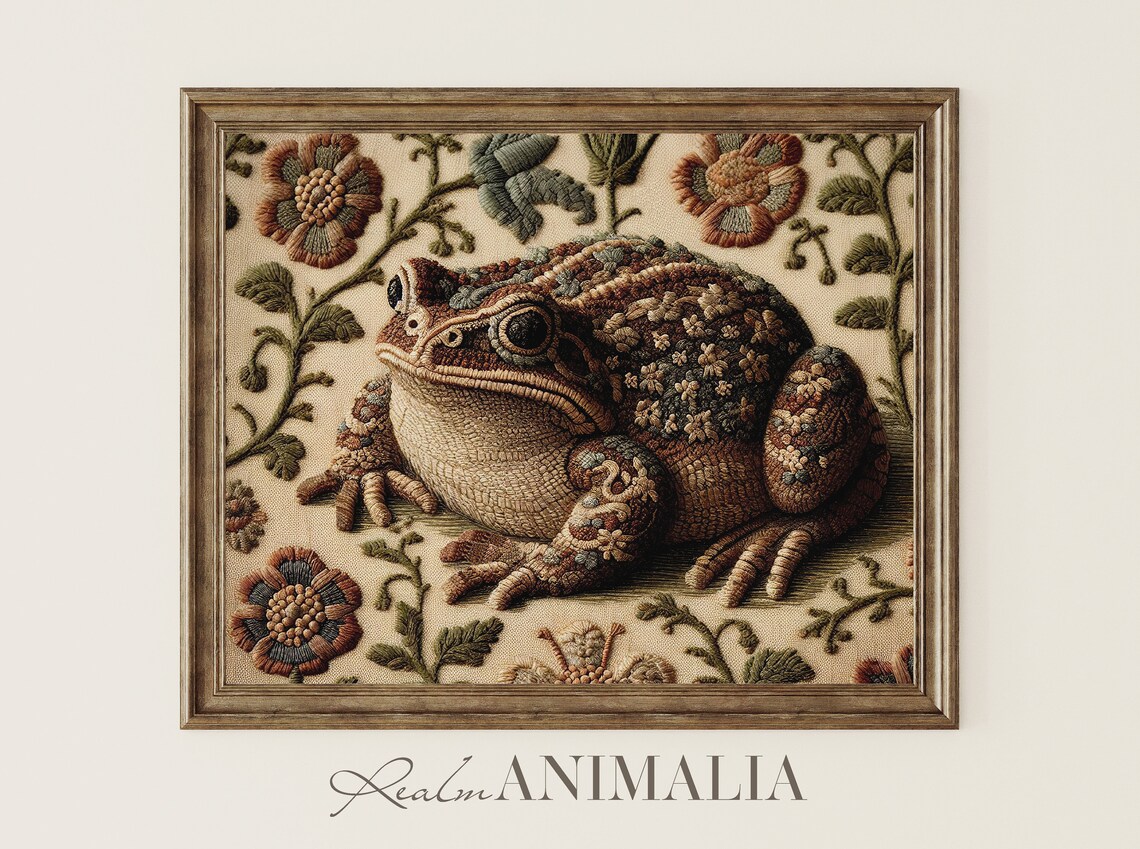 Toad Vintage Embroidery Style Botanical Floral Tapestry Neutral Poster
