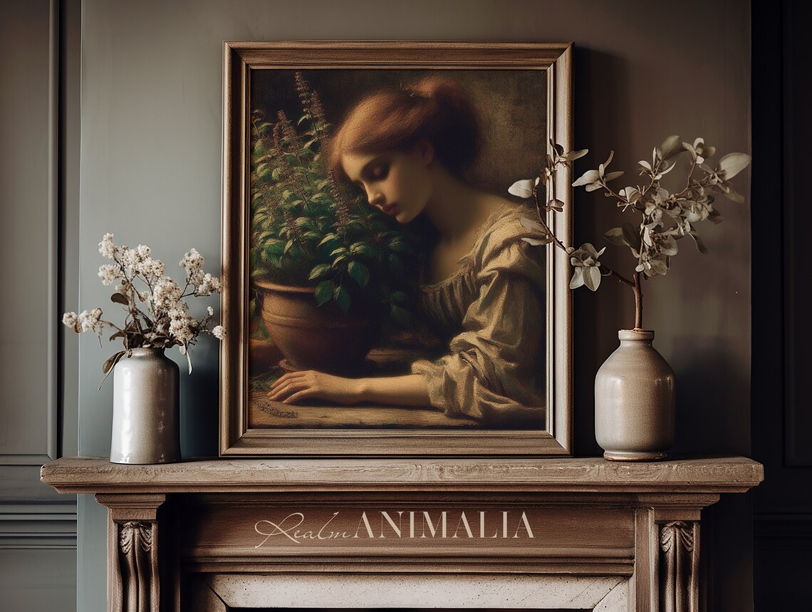 Vintage Woman Smelling Basil Plant Warm Dark Romantic Oil Painting Art Print - Image 3