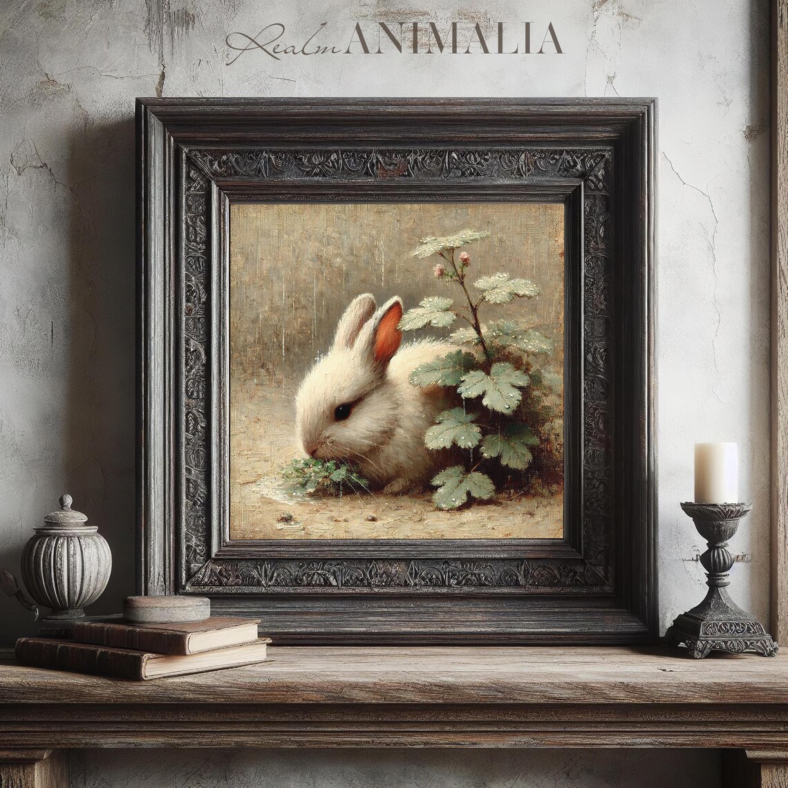 White Bunny Eating Greens Under Leaves In Rain Vintage Neutral Poster - Image 3