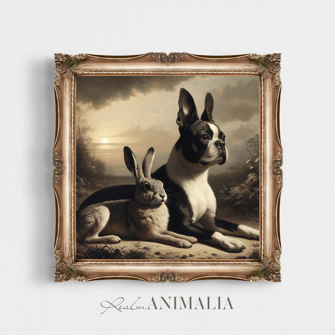 Boston Terrier And Hare Vintage Animal Friends Art Print - Image 2