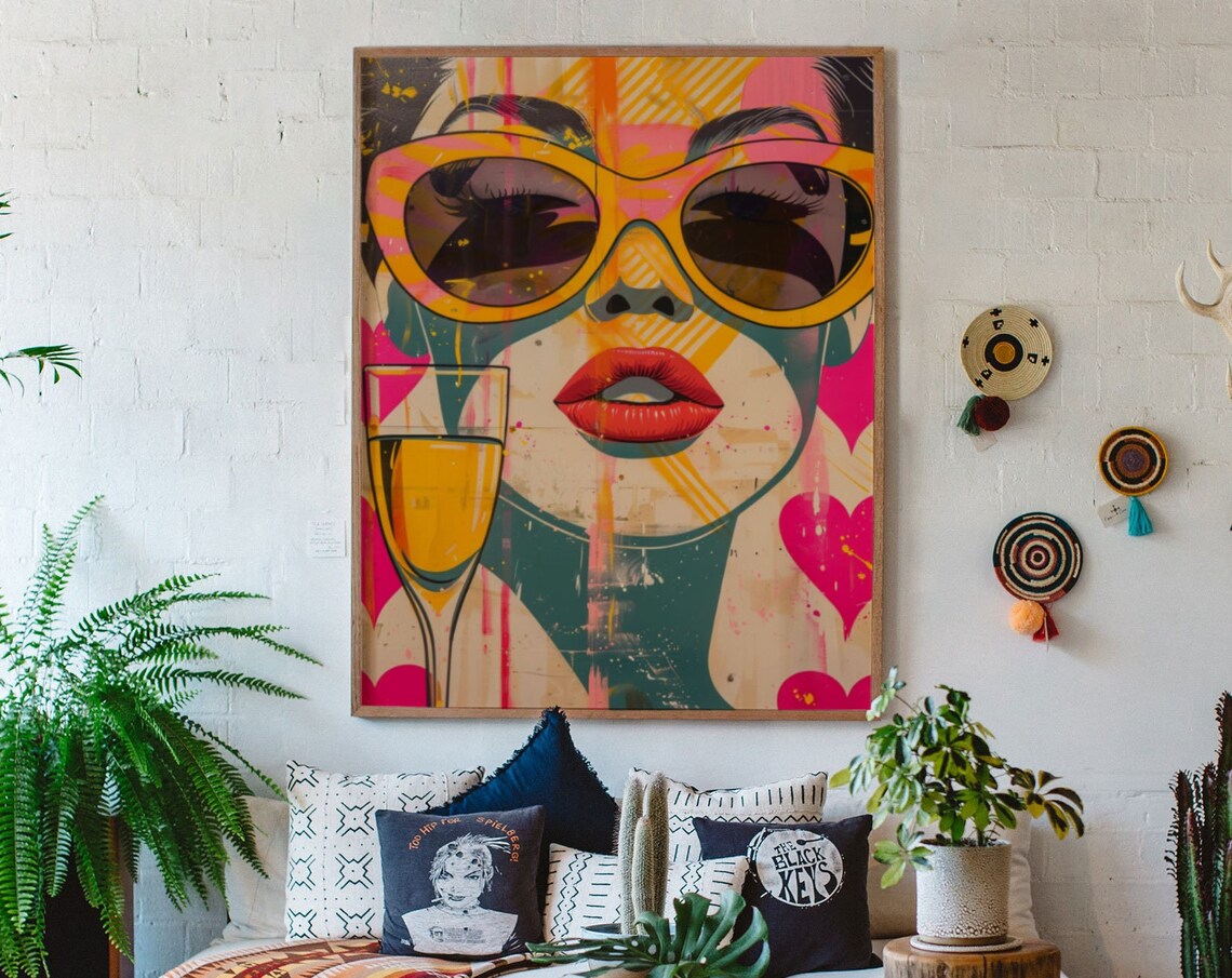 Pop Art Woman With Sunglasses And Cocktail Poster In Pink Hearts