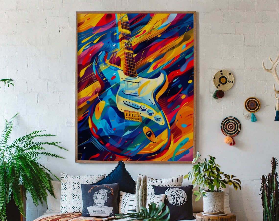 Neon Electric Guitar Pop Art Poster With Psychedelic Paint Swirls