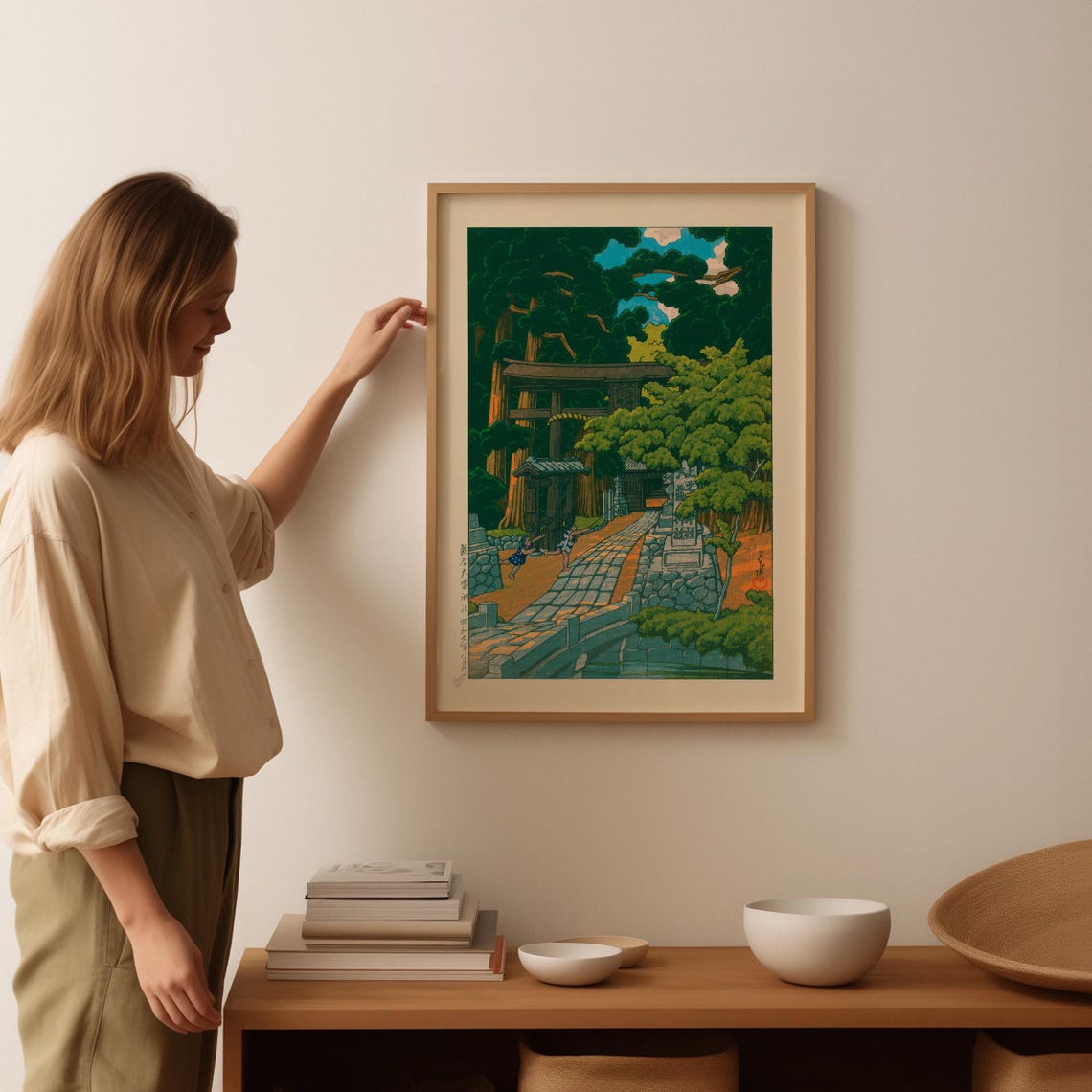 Japanese Shrine Torii Gate Tall Cedar Forest Woodblock Wall Art - Image 3